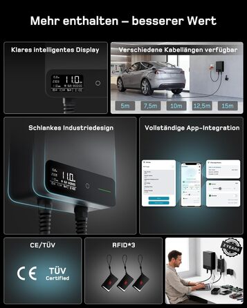 Wallbox 11 кВт з Wi-Fi та кабелем Type 2 7,5м, 3-фазне зарядне для електромобілів (BEV/PHEV), захист RCD Type A 30mA/DC 6mA, IP54, чорний