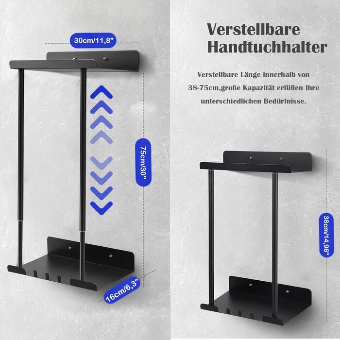 Тримач для рушників без свердління, висувний, чорний. Регульована ширина 38-75 см, з полицею для зберігання. Для ванної кімнати.