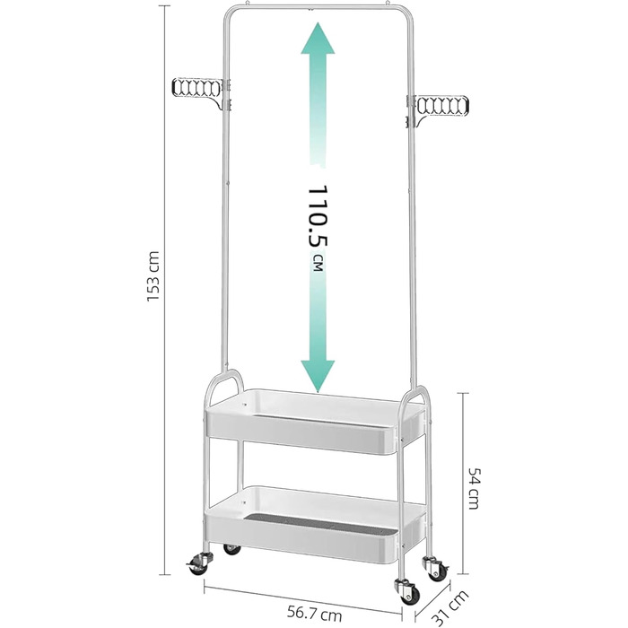 Metal Clothes Rack with 2 Shelves and Clothes Rail on Wheels - Wardrobe Stand for Bedroom, Living Room, Hallway, Home, and Office - White