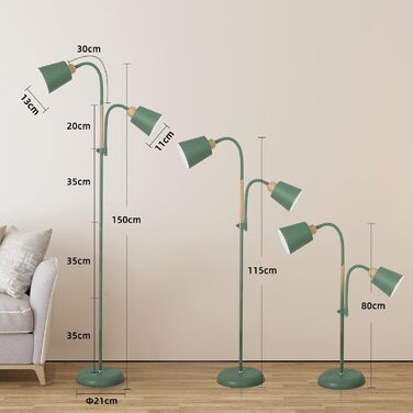 Стійка лампа ANTENLICHT YOYO з двома висувними лампами | 2xE27, 60W | 360° регулювання | Вінтажний дизайн, метал | 159 см, зелений | Без лампочки