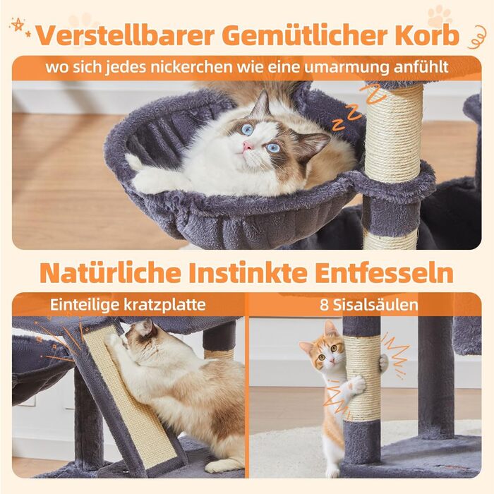 Дерев'яний комплекс для котів Taoqimiao MS026W (темно-сірий, 146 см) з будиночками, гамаком та 8 стовпчиками для шліфування кігтів