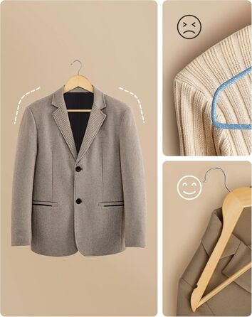 SONGMICS Wooden Clothes Hangers, 30-Piece Set, Solid Wood Hangers, Shoulder Indentations, Non-Slip Trouser Bar, 360° Swivel Hook, for Suits, Shirts, Natural Wood-Silver, CRW031NL