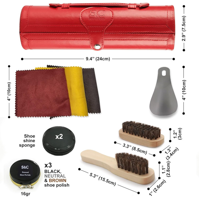 Stone & Clark 12-Piece Shoe Cream & Leather Care Set with Brown Wax, Shoe Brushes for Polishing, Compact Shoe Shine Kit with Horsehair Brushes & PU (Case: Hot Red)