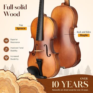 Скрипка CAHAYA з масиву дерева 4/4 матова, ручної роботи: повний набір для початківців, дорослих, учнів та дітей 12 років - скрипка з масиву дерева, футляр, підставка для плеча, тюнер, колінь