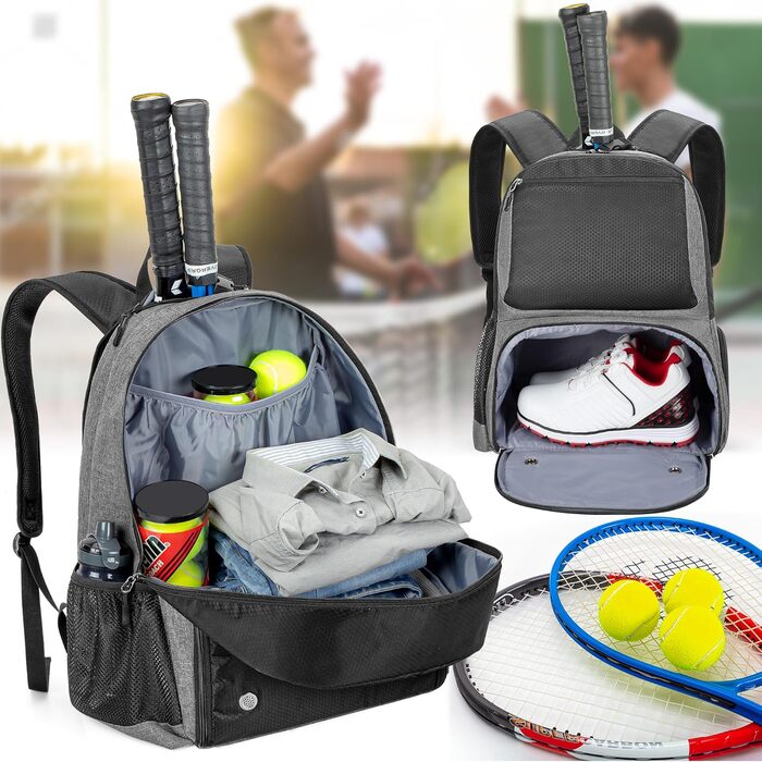 Рюкзак для тенісу DSLEAF з відділенням для взуття, сумка для 2 ракет, з м'якими лямками, сітчасте вентильоване відділення для взуття, для жінок та чоловіків (Сірий)