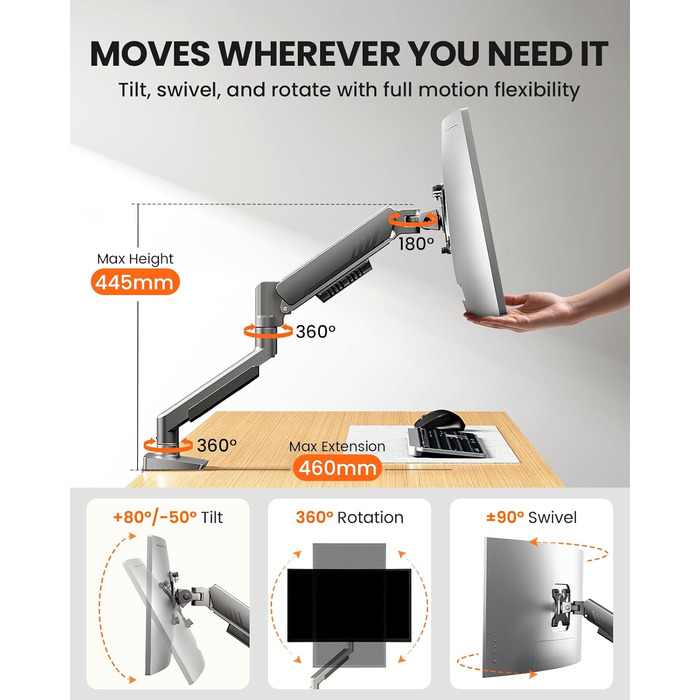 Кріплення для монітора ErGear: регульований кронштейн для моніторів 13-34 дюймів, підставка з кабельною організацією, VESA 75/100 мм, до 9 кг (срібний)