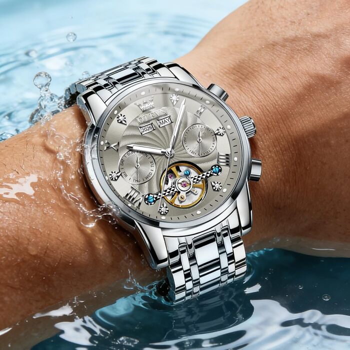 Чоловічий механічний годинник OLEVS 7088 з автопідзаводом, турбійоном та календарем, водонепроникний, сріблясто-сірий