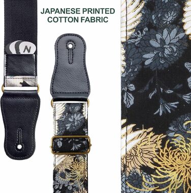 Японський гітарний ремінь Nefelibata з бавовни для акустичної гітари, укулеле, адаптер для голівки грифа в подарунок, медіатор та замок для ремінця. Регулювання від 38' до 64'. Дизайн: Хризантеми