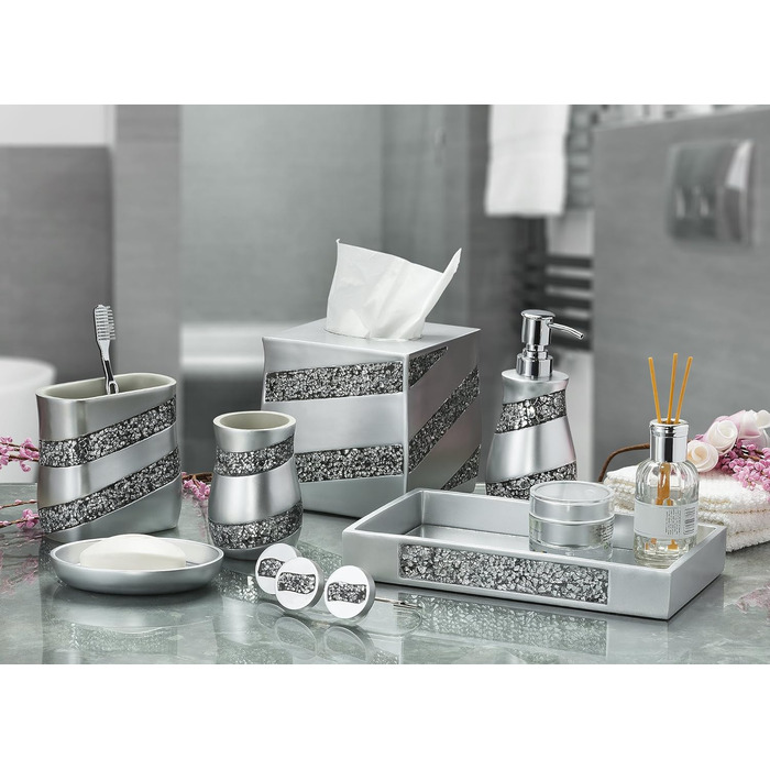 Набір аксесуарів для ванної кімнати Dwellza, сріблястий мозаїчний набір, 6 предметів, включає: дозатор мила, тримач для зубних щіток, стакан, мильниця, кришка для серветок, сміттєвий бачок (унікальний)