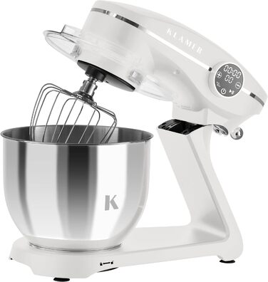 KLAMER 1800W Stand Mixer - Stainless Steel Bowl 6L, 10 Speed Settings, Timer, Planetary Mixing, Dough Hook, Whisk & Beater - White