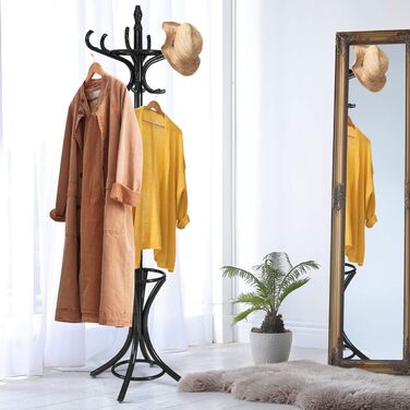 GIANTEX Coat Rack with Umbrella Stand, Clothes Rack Wood with 12 Clothes Hooks, Coat Tree Wood Freestanding, Standing Coat Rack for Entryway Living Room (white) (black)
