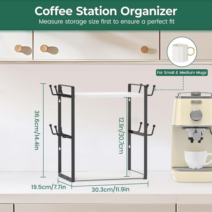 EsLuker.ly 2-Tier Mug Holder and Cup Stand, Mug Shelf for Coffee Cups, Coffee Organizer for Countertop, Coffee Station Organizer with Mug Holder, Vintage Brown-Black (14.4