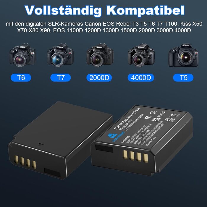 Акумулятор Homesuit LP-E10 1600mAh та LED-зарядний пристрій для Canon EOS 1100D, 1200D, 1300D, 2000D, Rebel T3, T5, T6, T7, Kiss X50, Kiss X70 (2 шт. акумулятори та 1 зарядний пристрій)