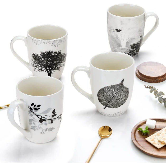 Набір з 4 чашок для кави, 350 мл, кераміка, з різними малюнками дерев, чашка для кави