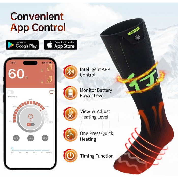 Електричні гріючі шкарпетки для жінок та чоловіків, USB, 4 режими температури, керування через додаток, для активного відпочинку (походи, катання на лижах, кемпінг, риболовля), XL