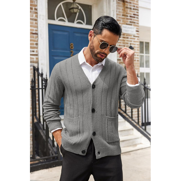 Чоловічий в'язаний кардиган COOFANDY з візерунком коси, V-подібний виріз, ґудзикова застібка, ребристий, з кишенями, сірий (S)