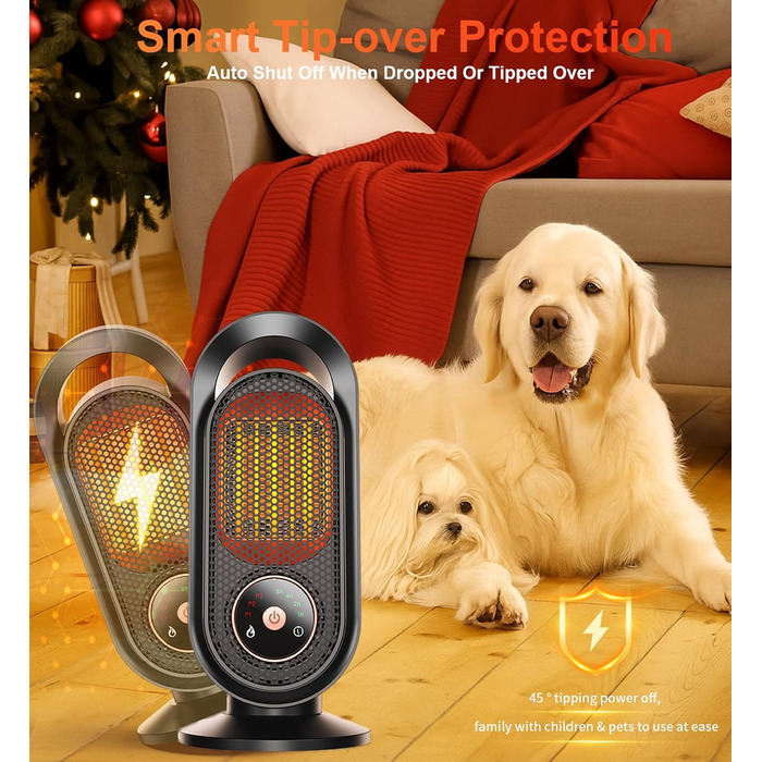 Електричний обігрівач, портативний обігрівач для кімнати, енергозберігаючий 1500W, керамічний з термостатом, таймером та 3 режимами, захист від перегріву та перекидання для офісу та спальні