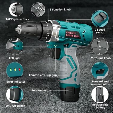 Акумуляторний шуруповерт 12V, 25 Nm, 2×2000mAh, 25+3 ступні крутного моменту, 24 шт. аксесуарів & кейс – для дому, DIY та монтажу меблів RT1028-H