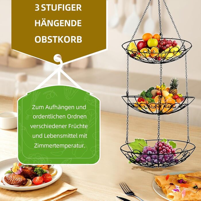 Металева етажерка для фруктів Stöckig 3 яруси - кошик для зберігання, чорний колір, для кухні, вітальні, офісу