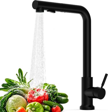 Змішувач кухонний водяний чорний, висувний з душем, 360° поворотний, 2 режими розпилення, для кухні, нержавіюча сталь