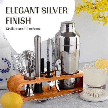 Набір для приготування коктейлів Mixology & Craft Cocktail Set (10 предметів) - Набір шейкерів та барного аксесуару з нержавіючої сталі з підставкою з бамбука. Декоративний подарунковий набір, сріблястий.