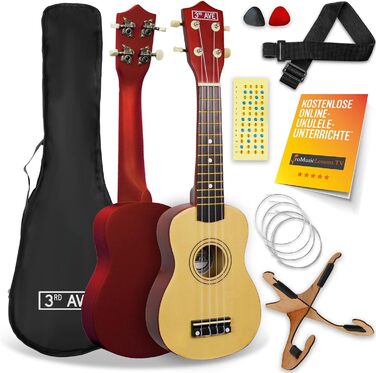 Укулеле Sopran 21 дюйм 3rd Avenue – початковий набір з аксесуарами (сумка, підставка, ремінь, струни, медіатори, наклейки на гриф) – колір: натуральний + 1 місяць безкоштовних онлайн-уроків для початківців