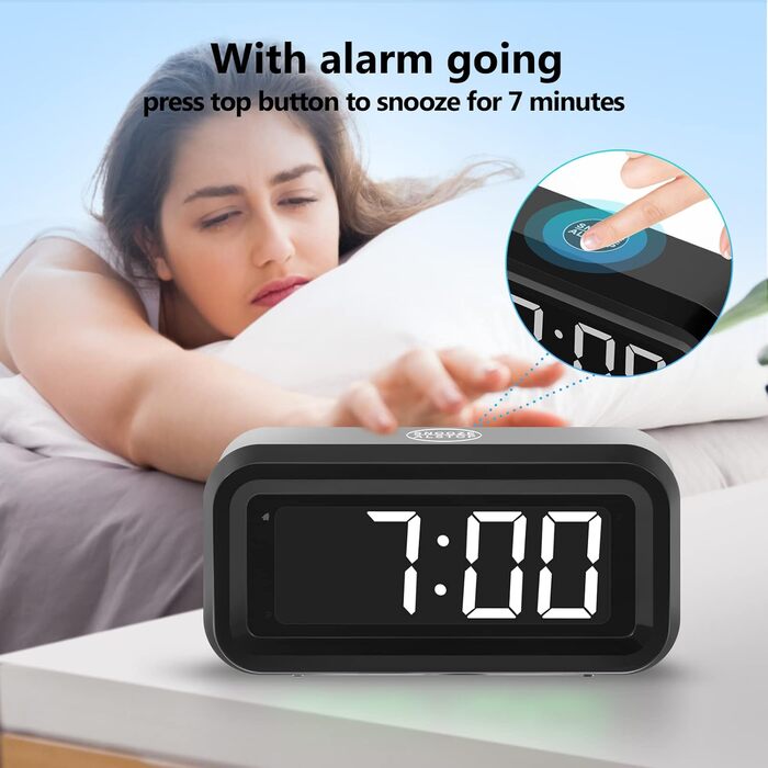 Цифровий будильник Timegyro з LED дисплеєм, акумуляторний, компактний, для подорожей та дому, 3 рівні яскравості, великий LED дисплей 1.2', чорно-білий
