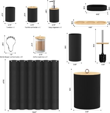 Набір аксесуарів для ванної кімнати PLIOW – 22 предмети, чорний колір. Включає: душовий завіс, відро для сміття, тримач для унітазної щітки, дозатор мила. Стильний та функціональний декор для дому. Повний комплект.