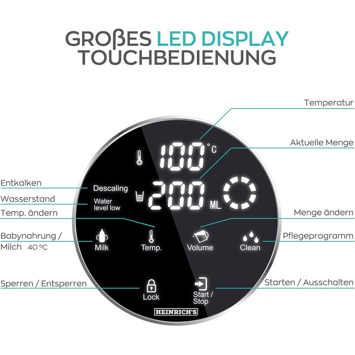 Heinrich's hot water dispenser: hot water at the touch of a button between 40°-100°C, water volume selectable from 100ml-400ml, suitable for baby food, incl. cleaning function + filter, touch display, 2.7