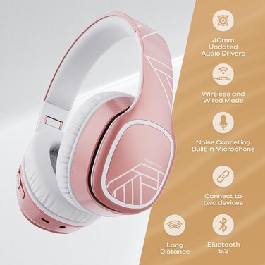PowerLocus P7 Bluetooth навушники Over-Ear, складні, бездротові з басами, Hi-Fi стерео, з функцією гучного зв'язку, USB-C зарядка, тривалий час роботи, для iPhone/PC/TV (Line Rose Gold)