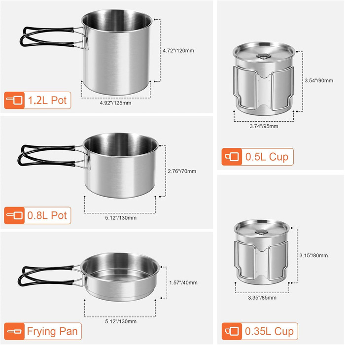 Набір посуду для кемпінгу Odoland з нержавіючої сталі (13 предметів) - посуд для приготування їжі, набір каструль, сковороди, тарілок, мисок, виделок, ножів, ложок для кемпінгу, походів, пікніків