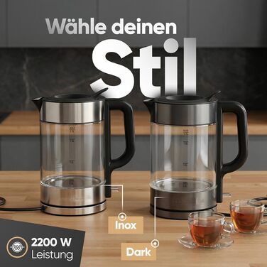 Скляний електрочайник ProfiCook PC WKS 1322, 1.7л, 2200Вт, з підсвіткою та корпусом із темної нержавіючої сталі Dark-inox