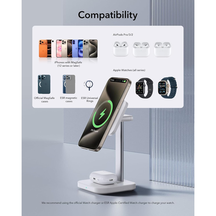Зарядна станція 2-в-1 ESR MagSafe для Apple Watch та iPhone 17e/17/16/15/14/13/12, AirPods 4 - Біла
