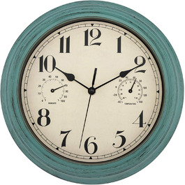Foxtop Funk Wall Clock, Indoor Outdoor Weatherproof Wall Clock with Temperature Display and Hygrometer, No Ticking Sound Silent Retro Clock for Terrace Bathroom Kitchen Living Room Home Decor (Bronze, 30cm) (Green)