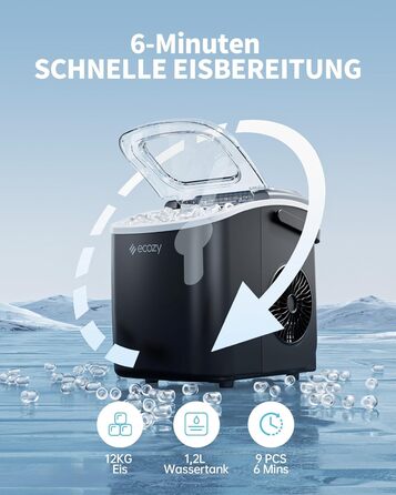 Машина для приготування льоду Ecozy - швидка та компактна, 9 кубиків за 6 хвилин, 12 кг/24 год, самоочищення, 2 розміри кубиків, для офісу, дому, бару та вечірки, чорний