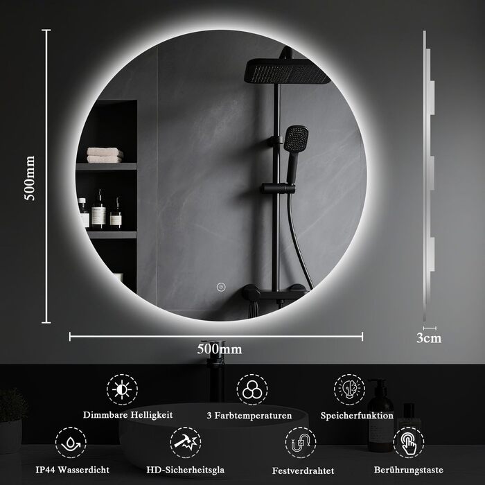 Дзеркало для ванної кімнати з підсвіткою LED, антизапітніння, сенсорне керування, регулювання яскравості, 3 кольори світла, функція пам'яті, захист від вибуху, кругле дзеркало 50 см