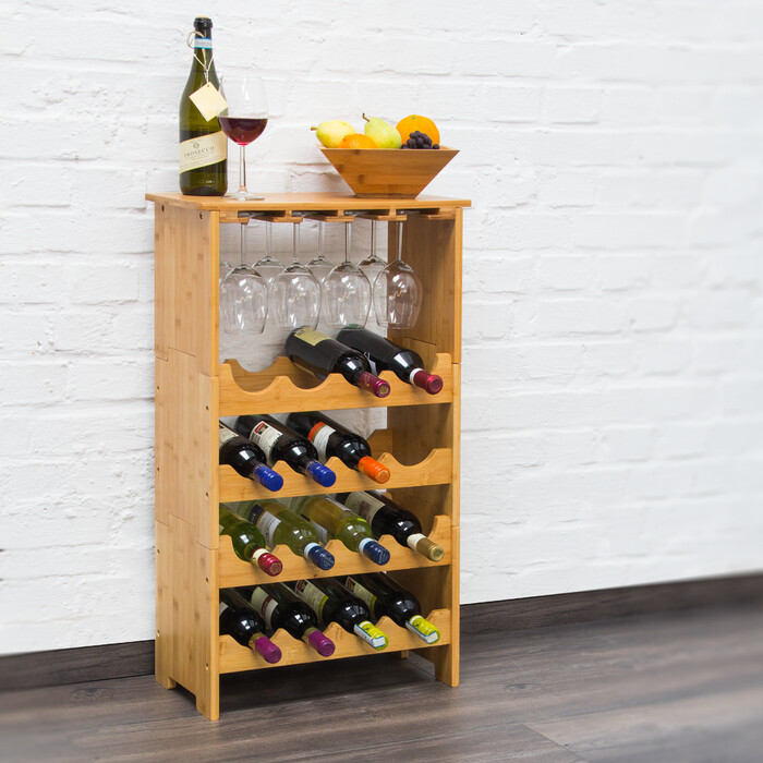 Relaxdays Bamboo Wine Rack for 16 Bottles and 12 Glasses