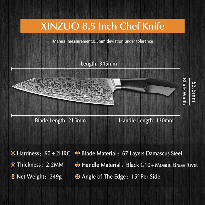 XINZUO ніж кухарський Дамаск 21.5см, Kiritsuke Gyuto, професійний, сталь G10, магнітний чохол, серія Feng