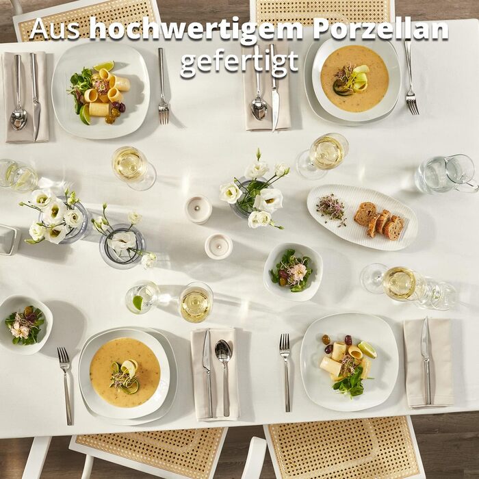 Набір посуду KHG Kombiservice 62 елементи | Білий сервіз для 6 осіб з якісного порцеляну | Класичний дизайн | З цукерницею, ложками для яєць та молочником