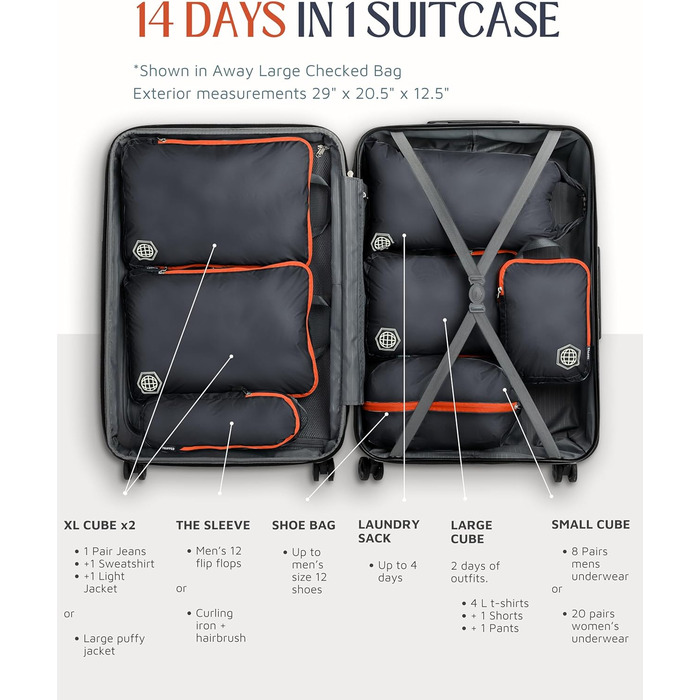 Набір органайзерів для подорожей Trippped Travel Gear, 7 шт., великі, компресійні, сірі/помаранчеві