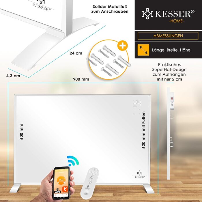KESSER® Infrared Heater - Energy-Saving Infrared Standing Unit & Wall Mounting Electric Heater 540W with Remote Control, Thermostat & App Control Electric Heating Panel Heater Convector Standing Feet 540W White