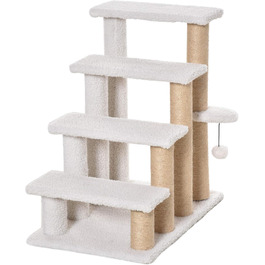 PawHut 3-Step Pet Stairs with Scratching Pillars, Ball, Dog Stairs, Pet Stairs for Cats up to 5 kg, Plush Jute, White, 45 x 40 x 48 cm (60L x 40W x 64H cm, White)