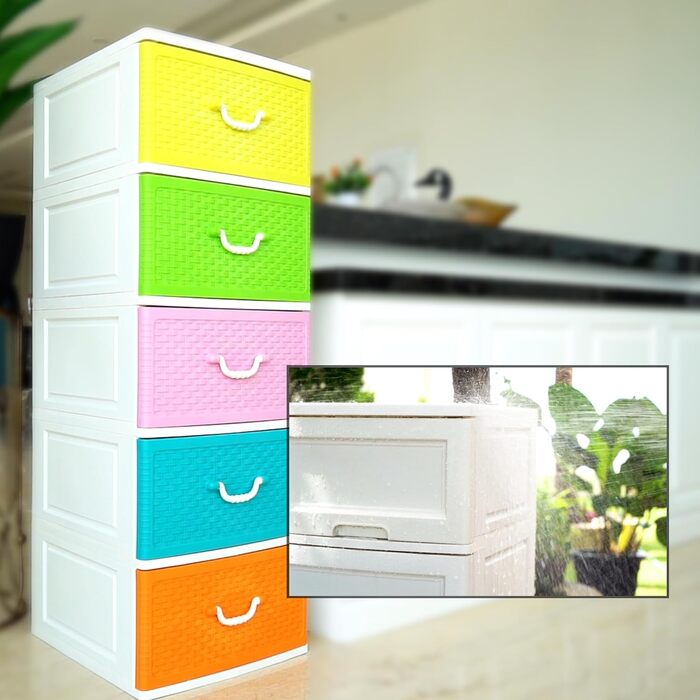 Chest of drawers 44x50x127 cm with 5 large XXL drawers, 40 liters per drawer, with fronts in beautiful candy colors and a modern woven look made from recyclable PP plastic for the environment.