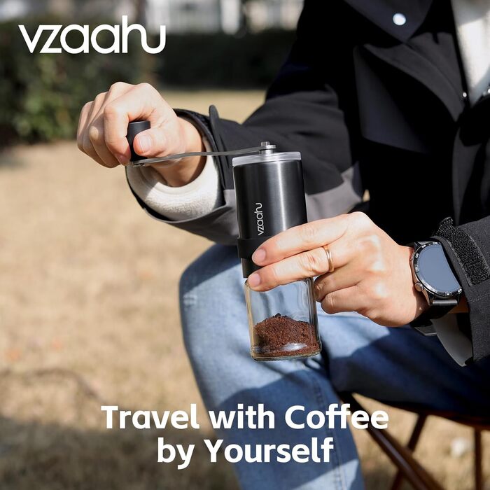 Vzaahu Кавомолка ручна, 6-ступенева, керамічний жорно, для дому, офісу, подорожей, срібна, чорна