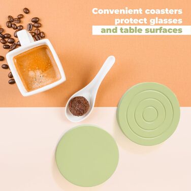 Colorful wooden coasters for drinks, set of 6 for drinking glasses, table protector for all table types, gift set for all occasions, (Pastel Pistachio Shovel, Coasters)