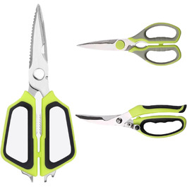 The multifunctional scissors, poultry shears, and seafood shears. This three-piece set meets most kitchen needs, premium heavy-duty scissors.