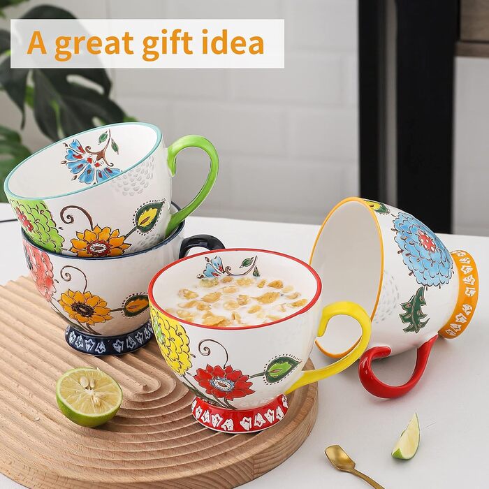 superyes Large Coffee Cup Set, 4 Pieces, Coffee Cup Set for Tea, Milk, Latte, Cappuccino, Cereal, Hot Chocolate, Soup, Gift for Friend, Family (Red-Yellow-Green, 425 ml x 4 Pieces)
