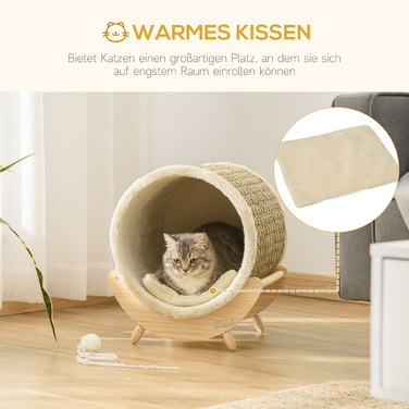 PawHut Котобудка з полицею, котяче ліжко, когтеточка, деревина сосни, фланель, хакі, натуральний & бежевий, 41x38x43 см | Aosom