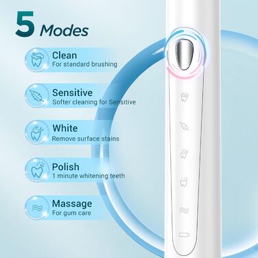Електрична зубна щітка звукова для дорослих та дітей з 5 режимами, кейсом для подорожей, 8 насадками, акумулятором 60 днів, таймером (Теплий білий)