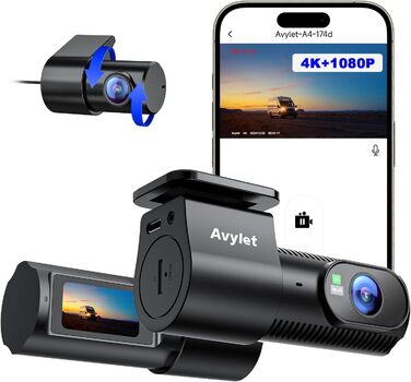 Відеореєстратор Avylet 4K+1080P з двома камерами (передня та задня), Wi-Fi, GPS, IPS дисплеєм, паркувальною функцією, Super Night Vision, WDR, 170° кутом огляду, G-сенсором, підтримка карт пам'яті до 256GB